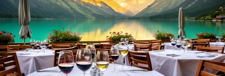 Terrasse de restaurant gastronomique avec vue panoramique sur le lac d'Annecy au crépuscule