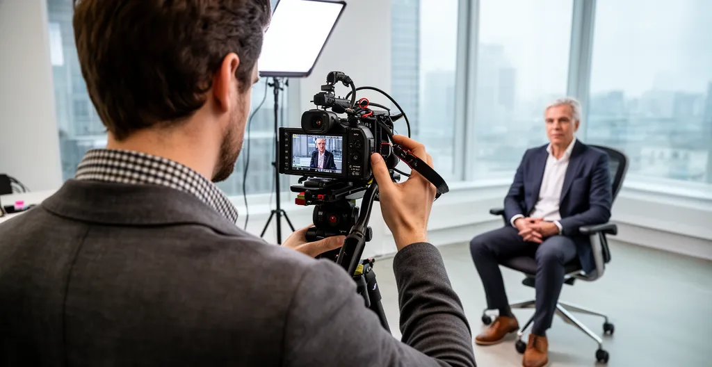 Caméraman filmant une interview dans un espace de bureau avec éclairage LED