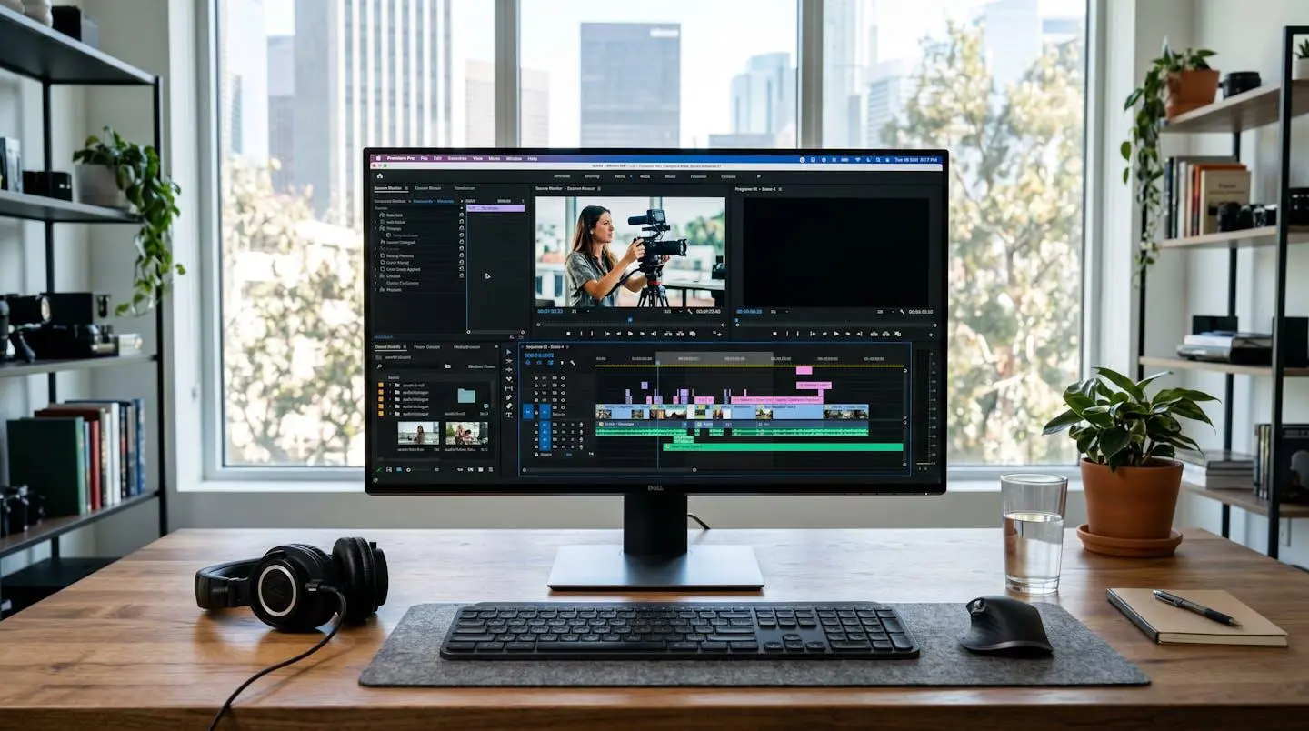 Bureau de travail moderne et minimaliste avec un écran d'ordinateur affichant une interface de montage vidéo floutée et un casque audio professionnel posé à côté