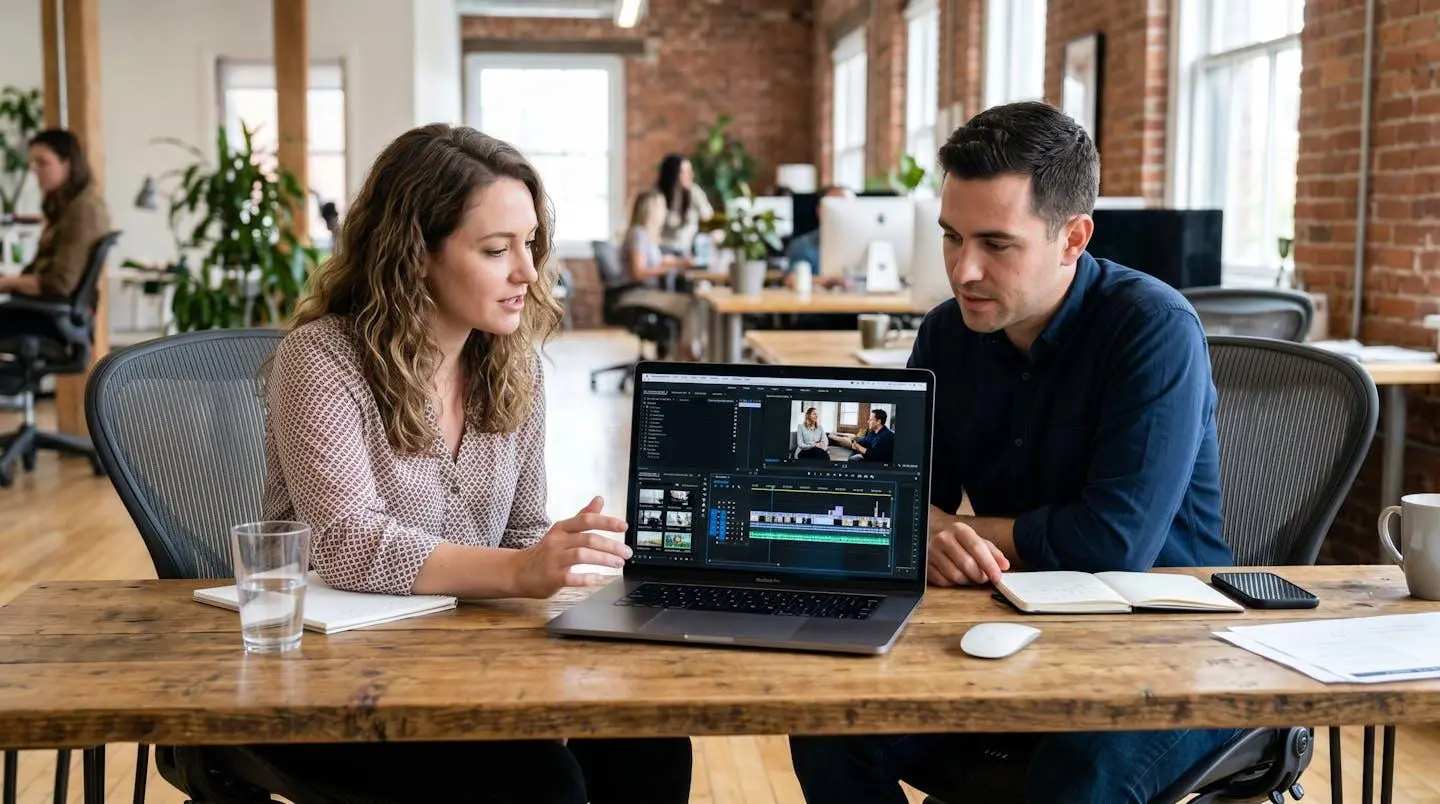 Deux professionnels assis côte à côte regardent ensemble l'écran d'un ordinateur portable dans un bureau moderne éclairé par la lumière naturelle