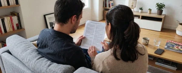 Bureau contemporain avec documents bancaires et relevés disposés sur une surface claire, éclairage naturel de fenêtre