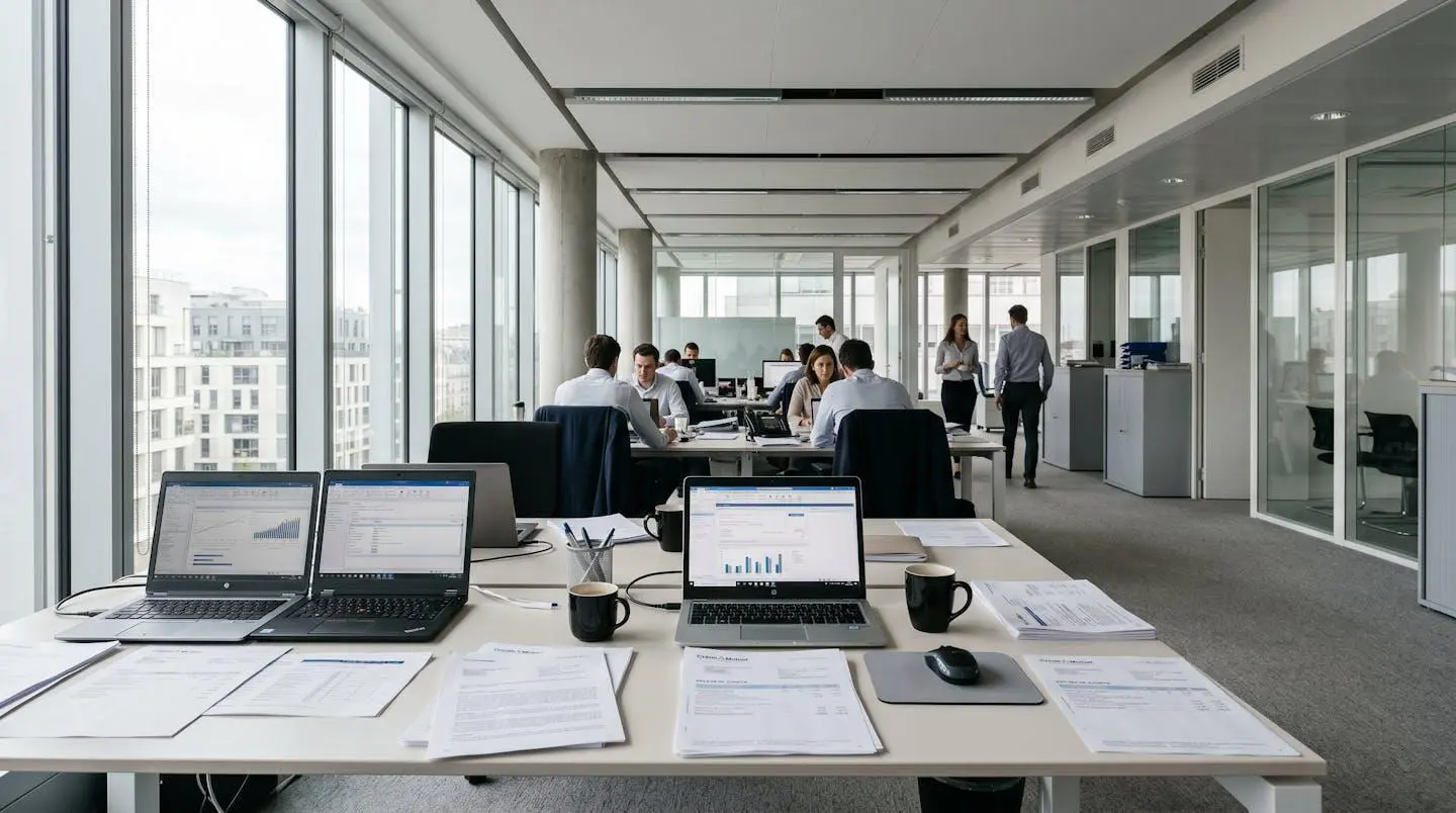 Bureau contemporain avec documents bancaires et relevés disposés sur une surface claire, éclairage naturel de fenêtre