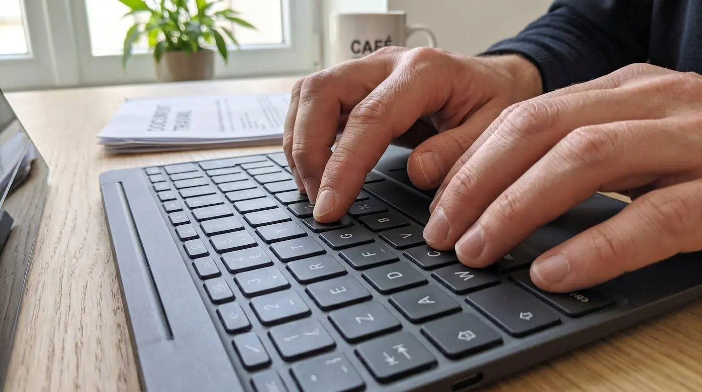 Mains d'une personne en train de taper sur le clavier d'un ordinateur portable moderne, avec une lumière naturelle latérale créant des ombres douces