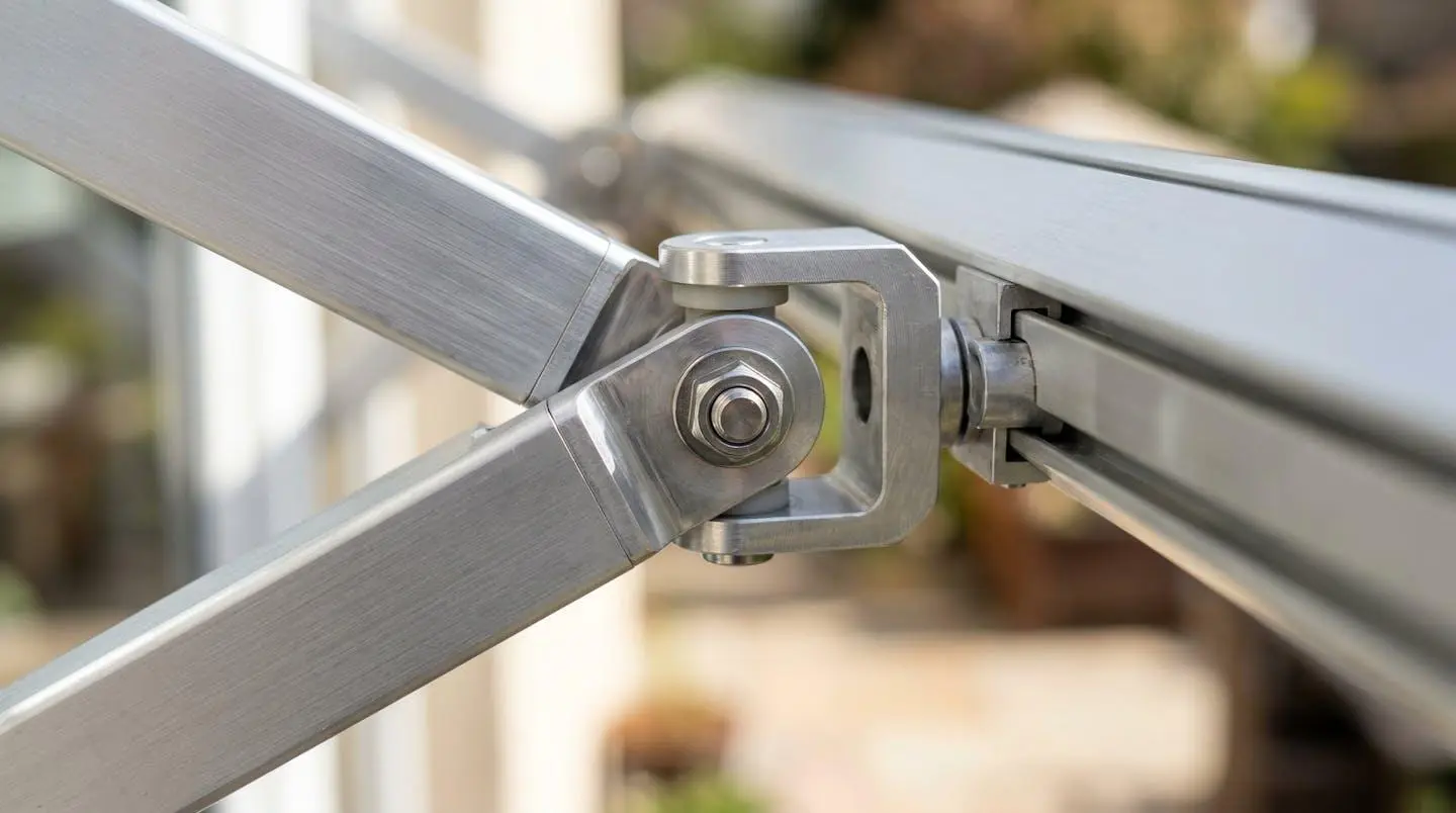 Gros plan sur le mécanisme des bras articulés d'un store banne, détail des tubes en aluminium et des articulations métalliques avec un arrière-plan flouté