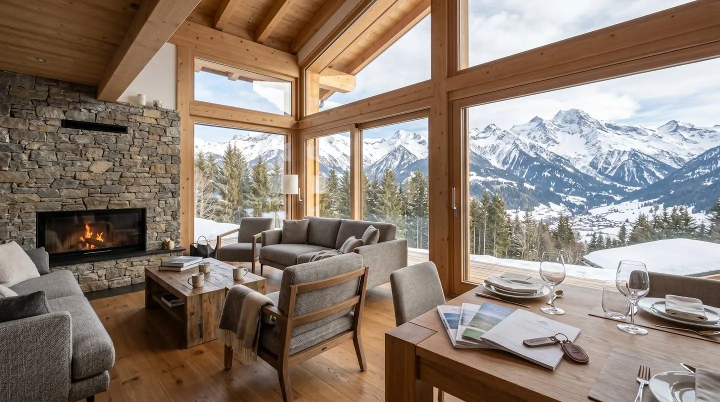Vue grand angle d'un salon de chalet contemporain avec cheminée, bois clair, grande baie vitrée panoramique donnant sur montagnes enneigées, table basse avec documents d'accueil, espace vide et lumineux