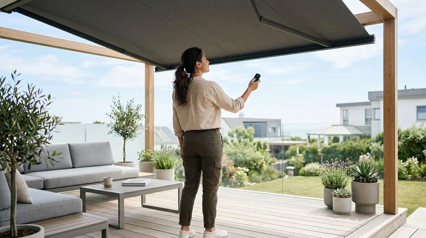 Une personne vue de dos ajustant l'inclinaison d'un store banne avec une télécommande, cadrage par-dessus l'épaule, tenue décontractée moderne, terrasse lumineuse contemporaine