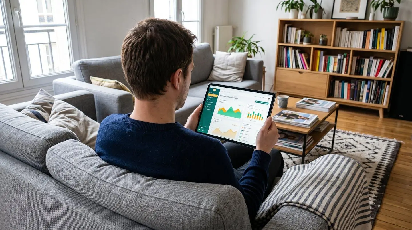 Personne vue de dos consultant un compte bancaire sur une tablette dans un salon contemporain éclairé naturellement