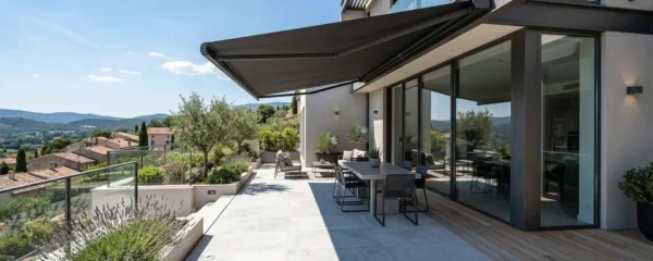 Une terrasse contemporaine française avec un store banne déployé projetant une ombre nette sur le dallage clair, vue d'ensemble montrant le contraste entre la zone ombragée et la zone ensoleillée