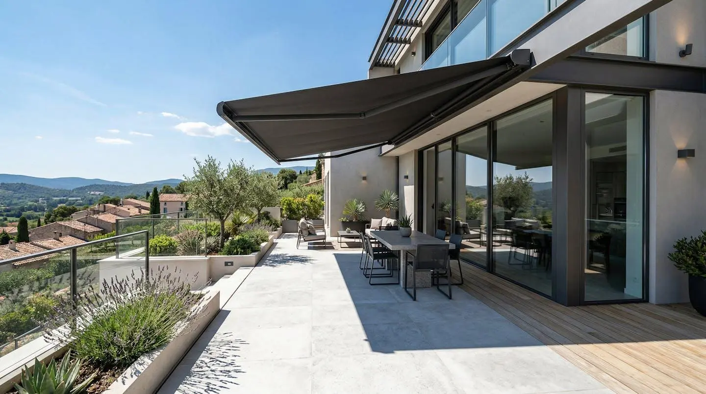Une terrasse contemporaine française avec un store banne déployé projetant une ombre nette sur le dallage clair, vue d'ensemble montrant le contraste entre la zone ombragée et la zone ensoleillée