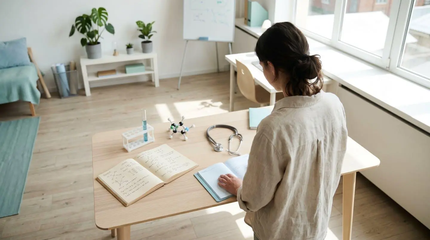 Bureau moderne avec des éléments symbolisant les sciences et la santé, un planning ouvert, baigné de lumière naturelle.