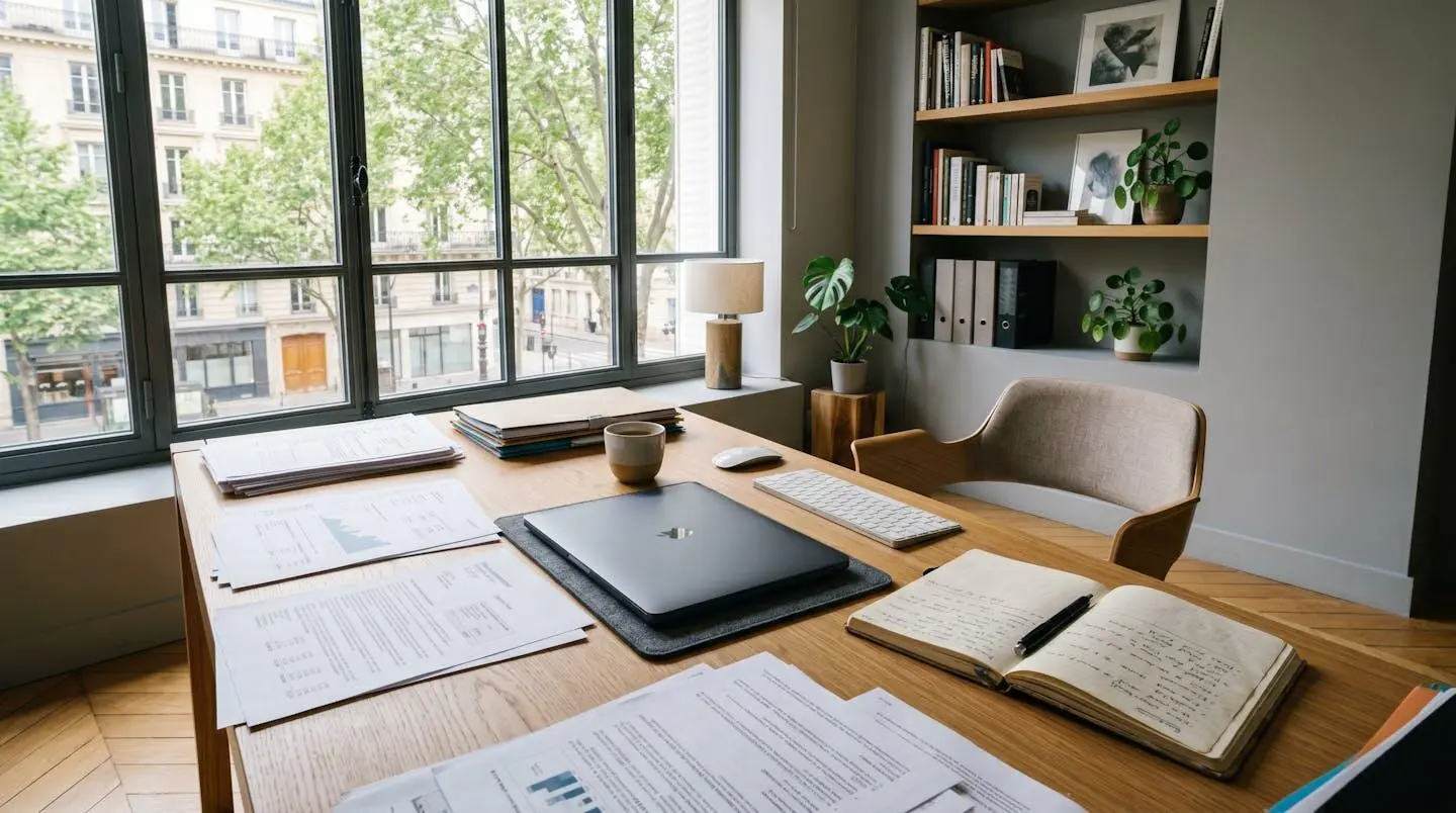 Bureau organisé avec documents financiers et cahier de notes, lumière naturelle matinale, intérieur contemporain français