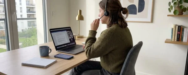 Une personne de dos portant des vêtements décontractés parle dans un casque sans fil devant son ordinateur portable dans un bureau à domicile lumineux et moderne