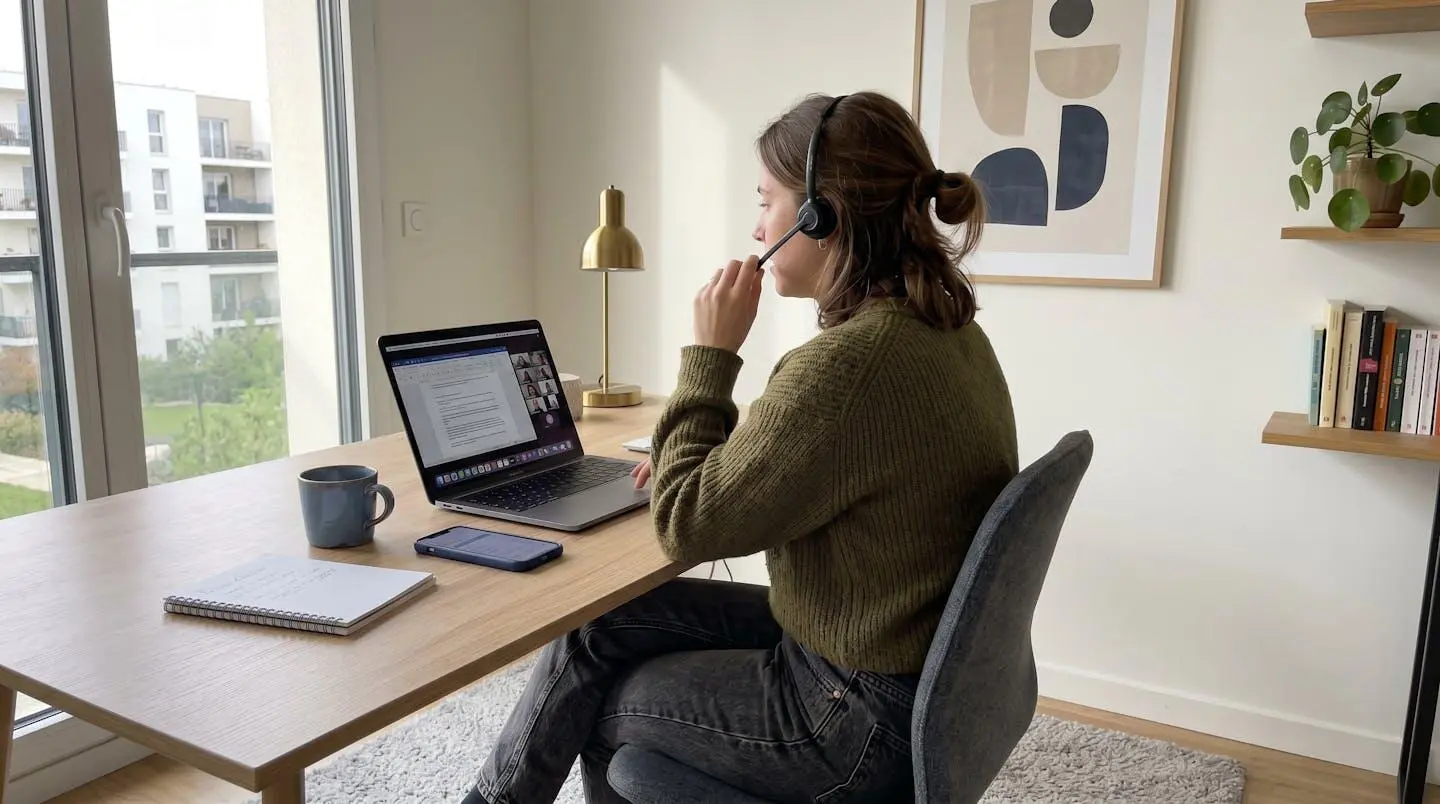 Une personne de dos portant des vêtements décontractés parle dans un casque sans fil devant son ordinateur portable dans un bureau à domicile lumineux et moderne