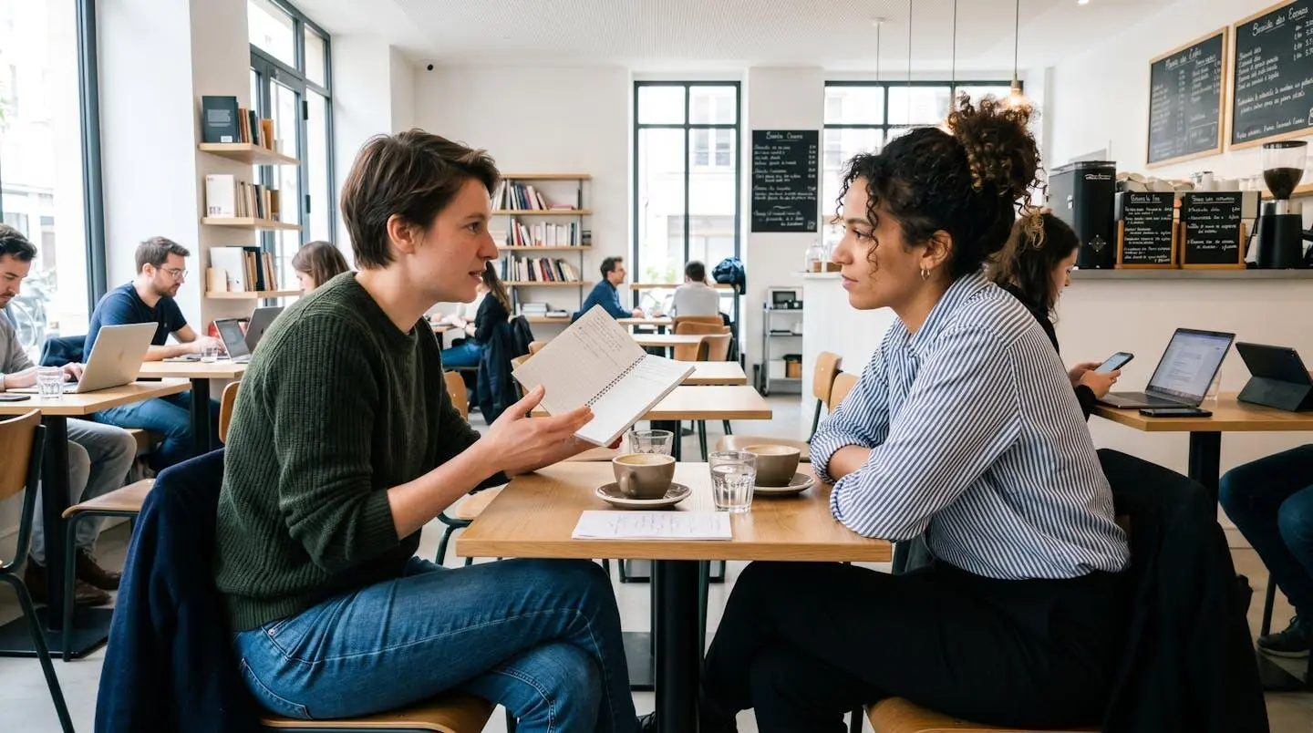 Deux personnes en vêtements décontractés discutent face à face dans un espace de coworking lumineux, l'une tenant un carnet ouvert, postures engagées