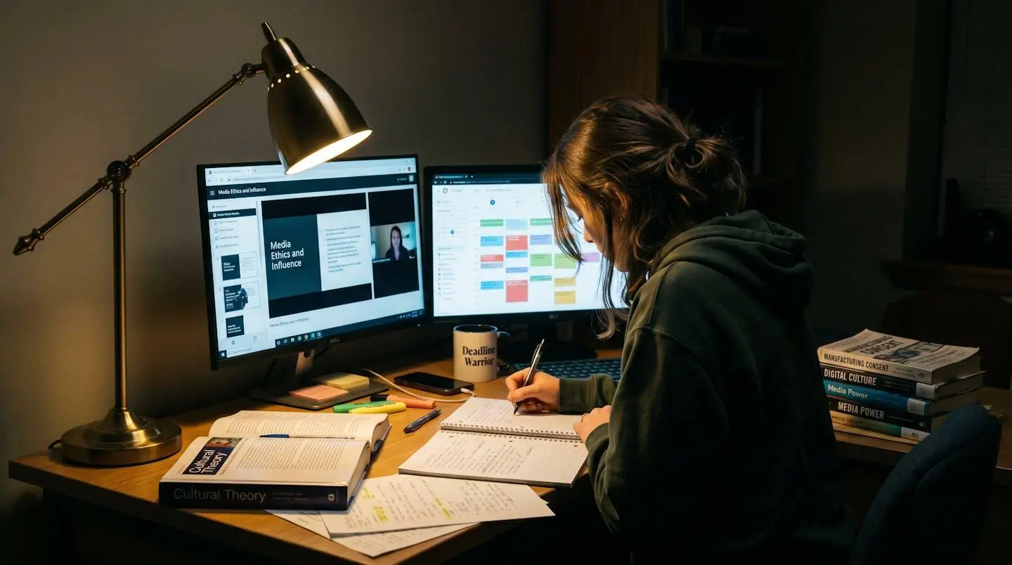Étudiant travaillant à son bureau avec deux écrans et des livres, lumière de lampe tamisée.