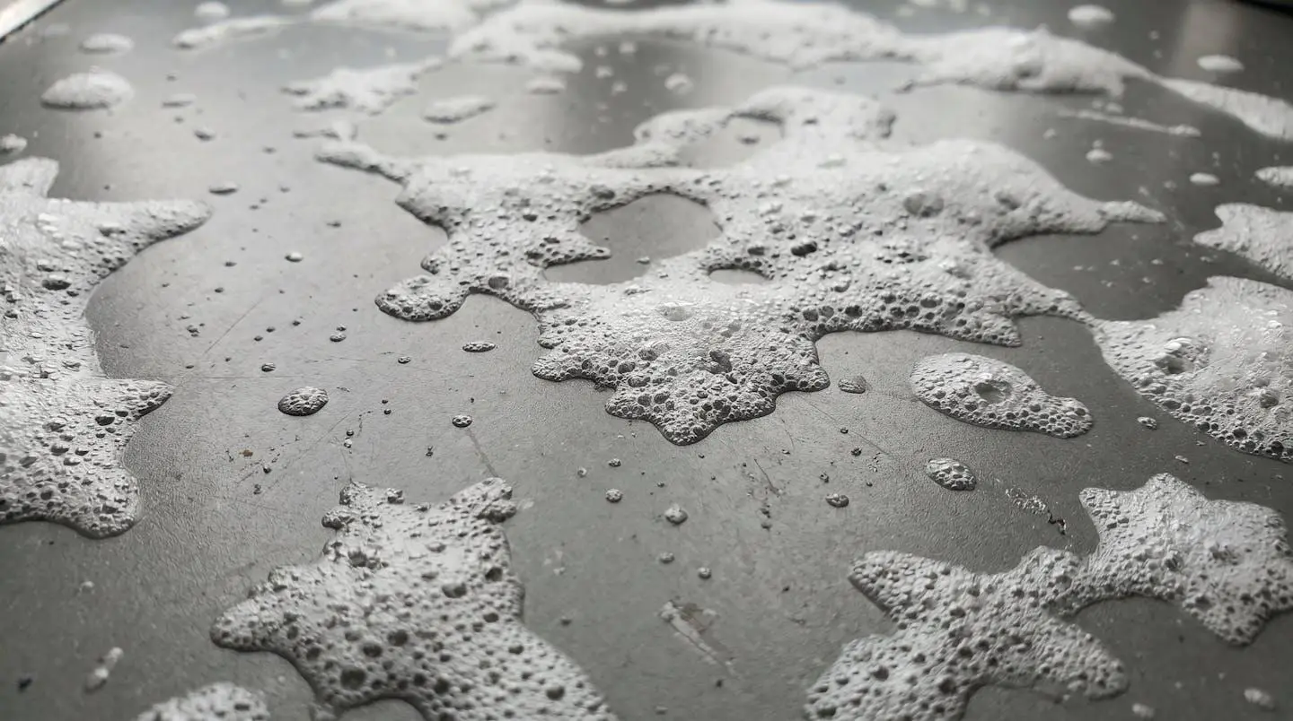 Gros plan texture neige artificielle sur surface grise montrant la structure détaillée des bulles et flocons de mousse
