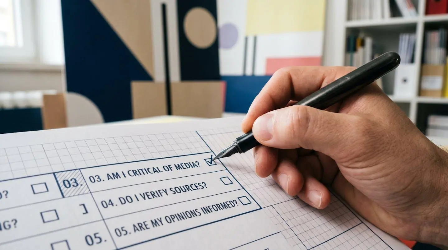 Main tenant un stylo au-dessus d'une feuille d'auto-évaluation, arrière-plan flou géométrique.