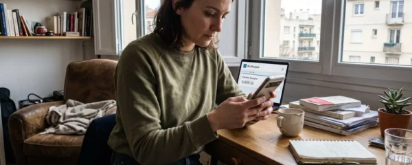 Personne consultant son application bancaire sur smartphone avec vue sur compte épargne, intérieur contemporain lumineux