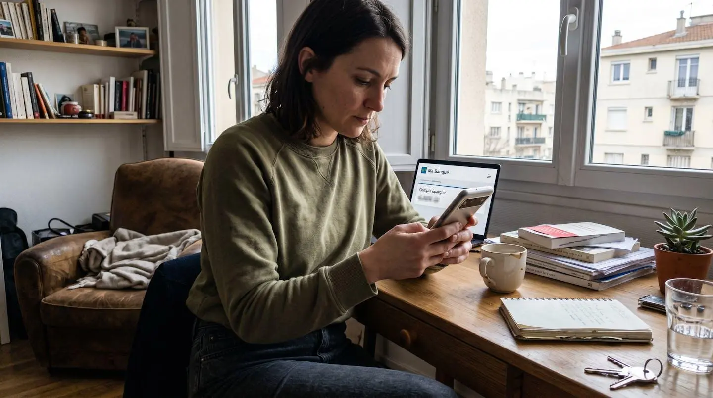Personne consultant son application bancaire sur smartphone avec vue sur compte épargne, intérieur contemporain lumineux