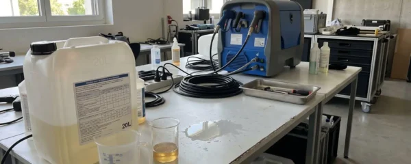 Poste de préparation professionnel avec machine à mousse, bidon de liquide de 20 litres et doseur sur table blanche lumineuse