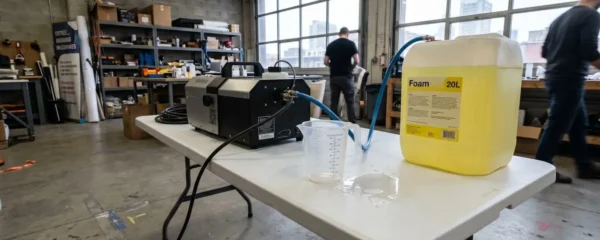 Poste de préparation professionnel avec machine à mousse, bidon de liquide de 20 litres et doseur sur table blanche lumineuse