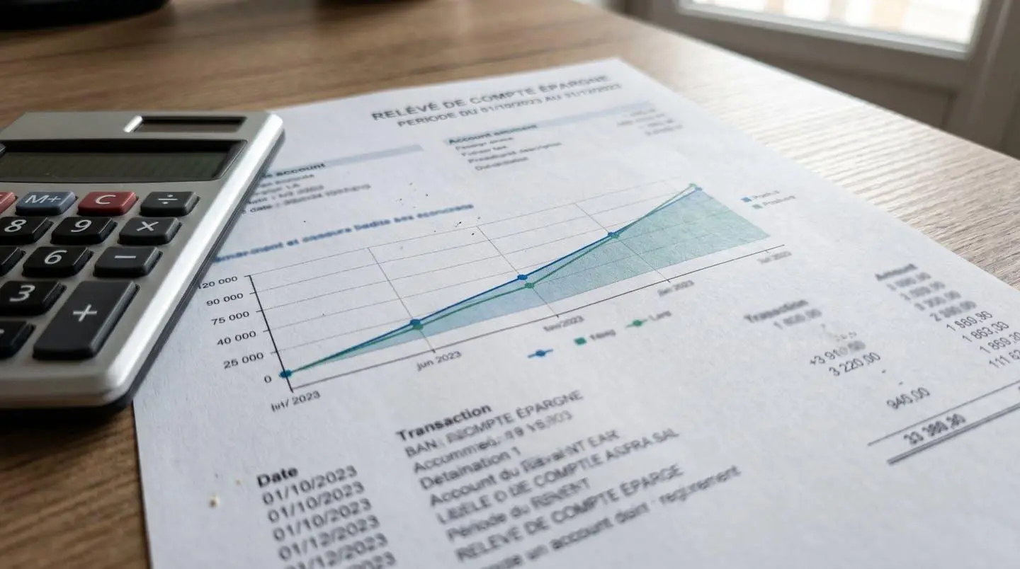 Relevé de compte épargne montrant évolution positive du solde avec calculatrice, bureau contemporain éclairé