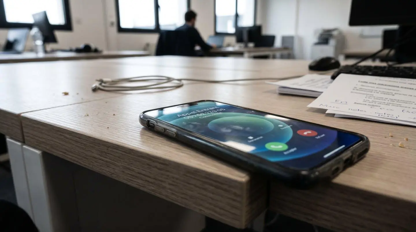 Gros plan d'un écran de smartphone affichant un appel entrant d'un numéro commercial, posé sur une table en bois, une main s'approchant du bouton refuser