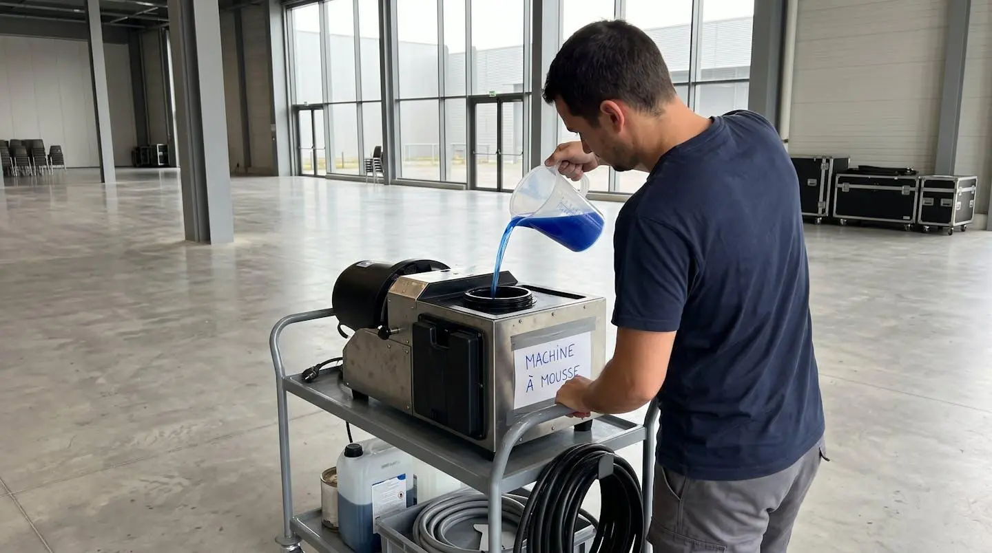 Technicien événementiel de dos versant du liquide concentré dans le réservoir d'une machine à mousse professionnelle