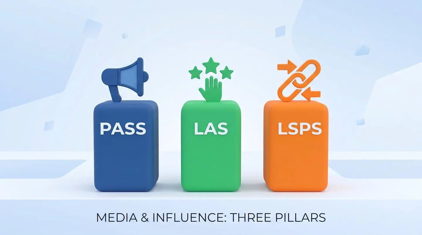 Trois piliers colorés représentant les voies PASS, LAS et LSPS avec des icônes et une légende comparative.