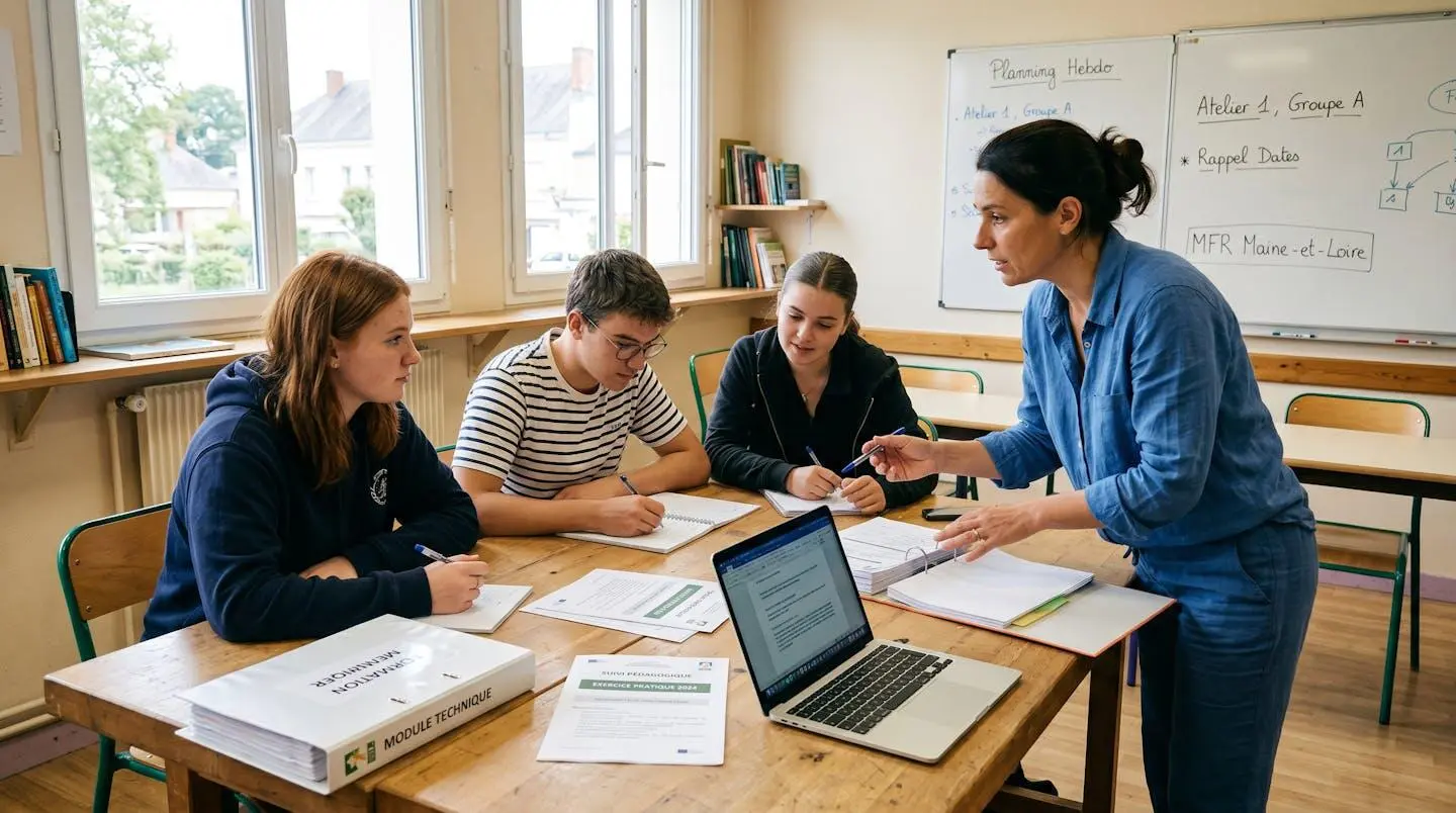 Formateur MFR en échange pédagogique avec trois jeunes apprenants autour d'une table de travail, documents de formation visibles, salle lumineuse à taille humaine, atmosphère bienveillante