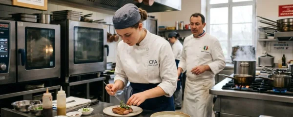 Jeune apprenti en tenue professionnelle travaillant dans une cuisine professionnelle équipée, accompagné par un chef cuisinier en arrière-plan, lumière naturelle, environnement authentique de travail en Maine-et-Loire