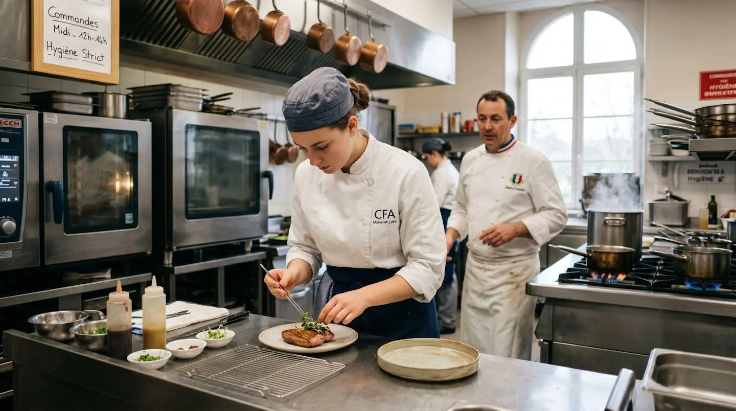 Jeune apprenti en tenue professionnelle travaillant dans une cuisine professionnelle équipée, accompagné par un chef cuisinier en arrière-plan, lumière naturelle, environnement authentique de travail en Maine-et-Loire