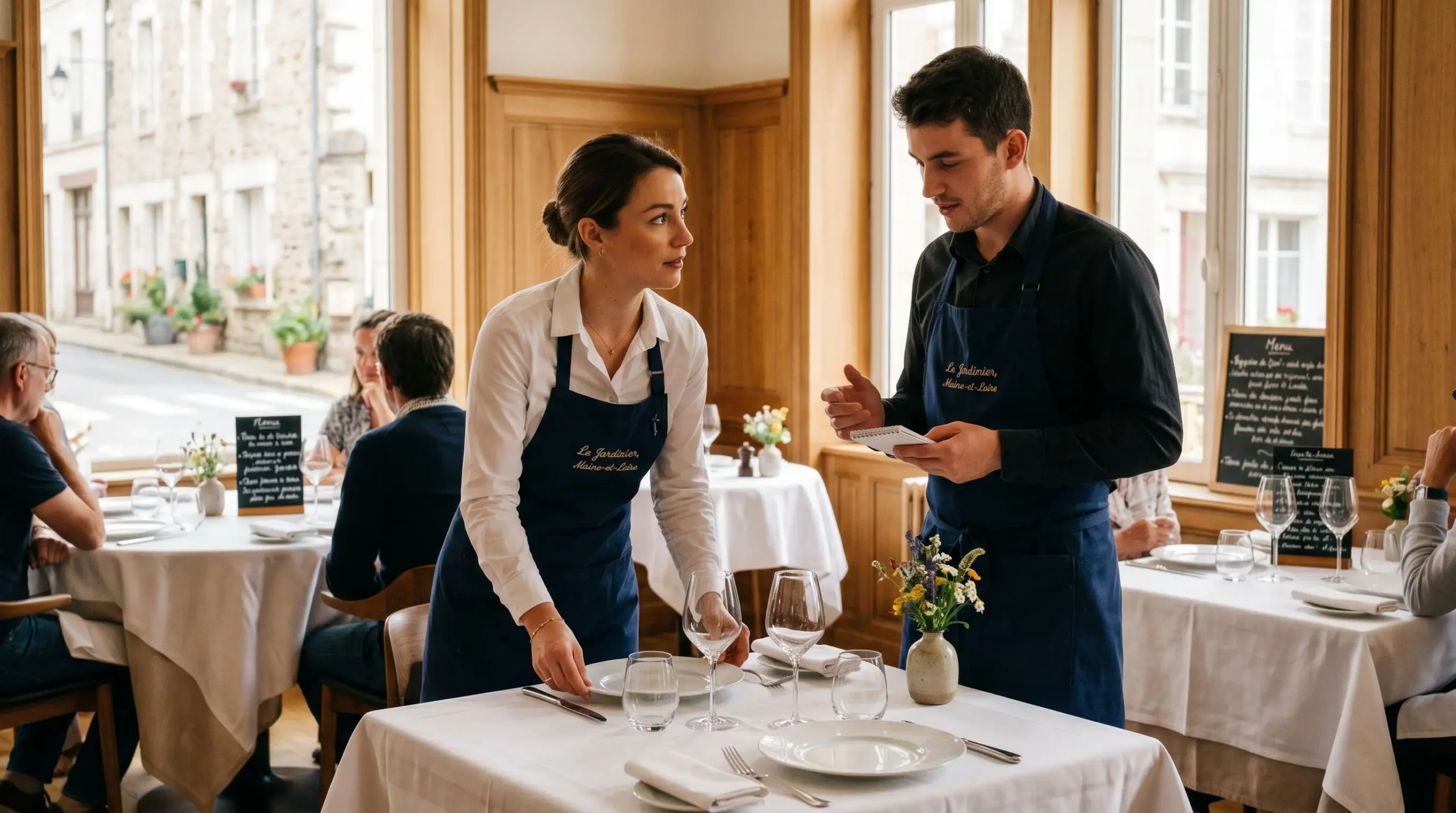 Personnel de restaurant en service professionnel dans salle élégante avec tables dressées, lumière chaude naturelle, scène authentique de restauration en Maine-et-Loire
