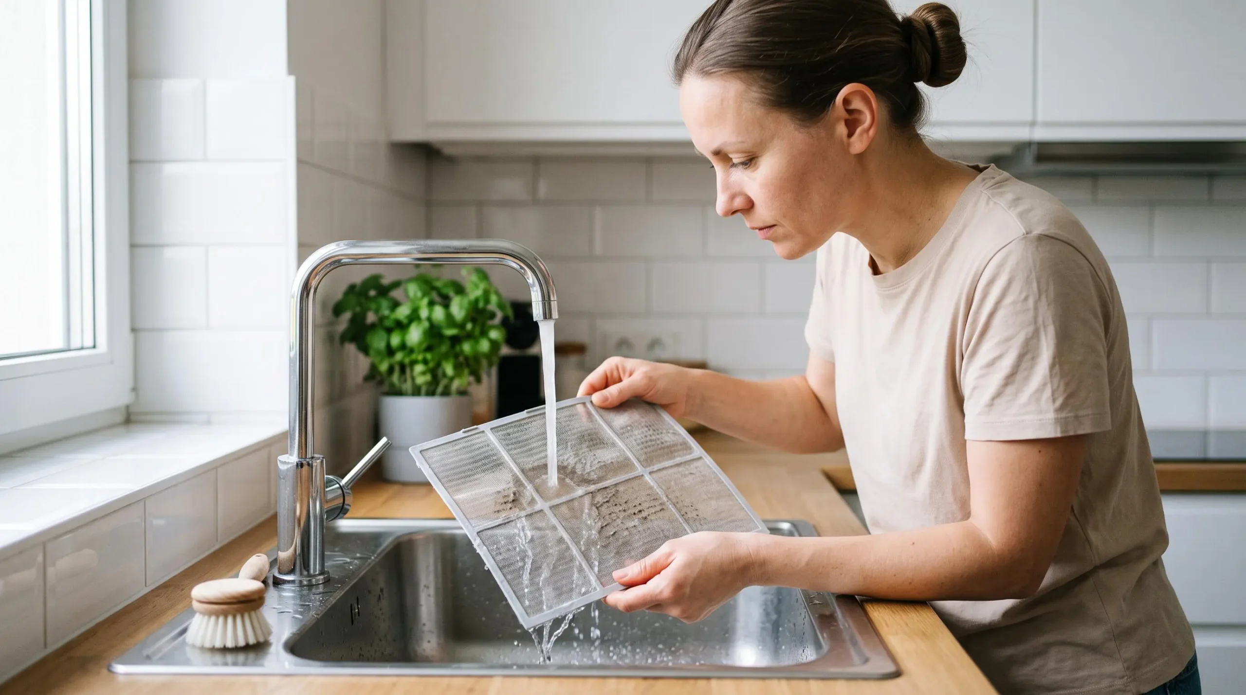 Femme nettoyant à l'eau courante un filtre à air de climatisation dans un évier de cuisine moderne
