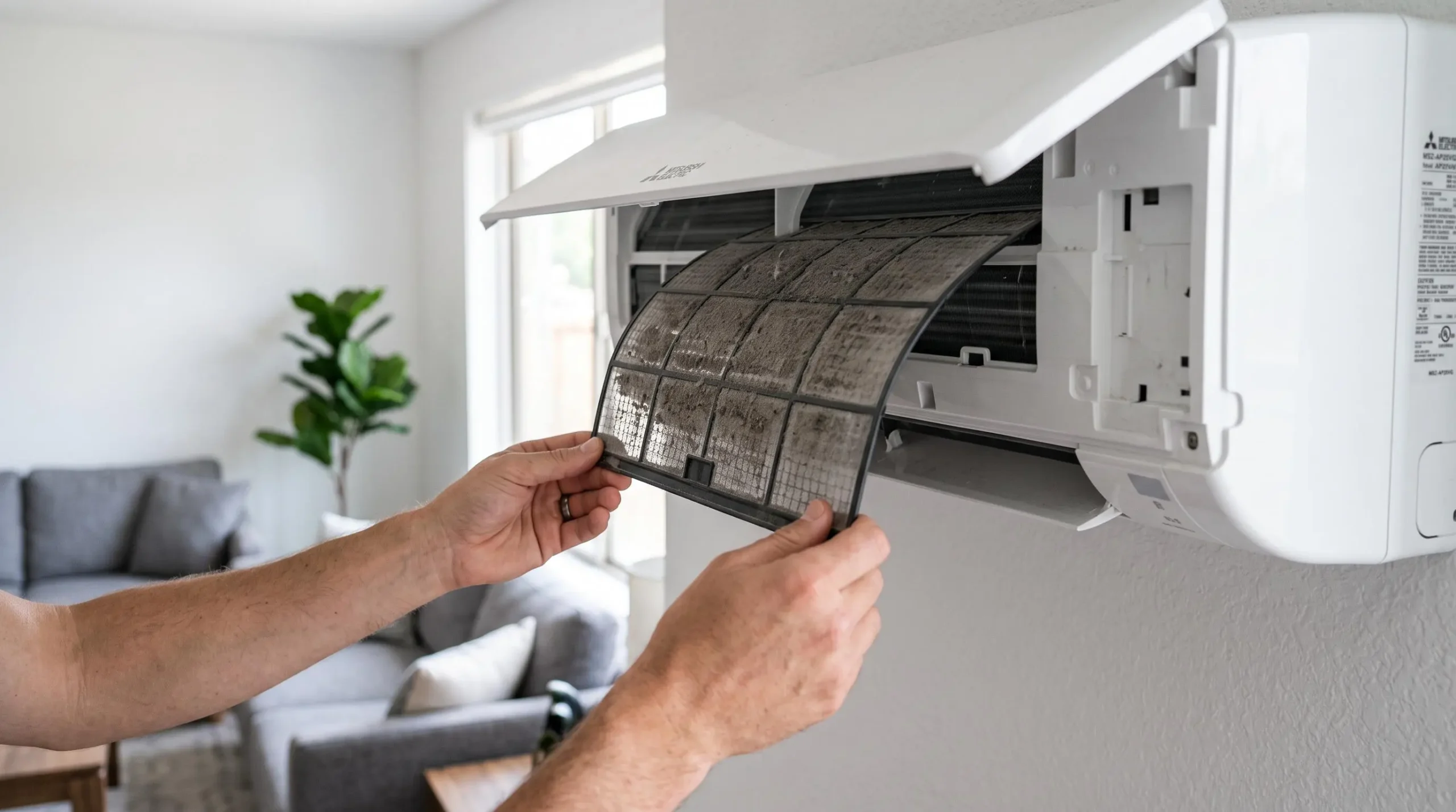 Mains retirant un filtre à air visiblement encrassé d'une unité intérieure de climatisation murale dans un salon contemporain