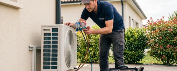 Technicien frigoriste certifié réalisant un contrôle d'entretien sur une unité extérieure de climatisation résidentielle avec manomètre, dans un jardin de maison française contemporaine