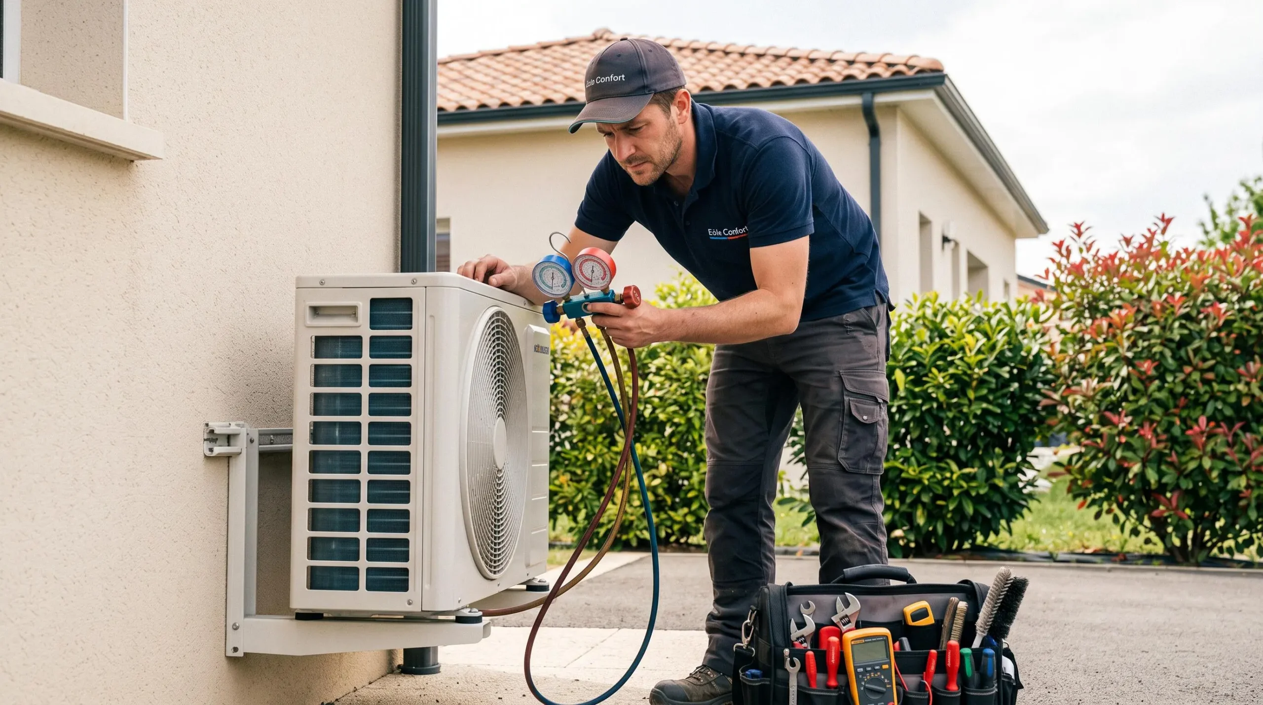 Technicien frigoriste certifié réalisant un contrôle d'entretien sur une unité extérieure de climatisation résidentielle avec manomètre, dans un jardin de maison française contemporaine