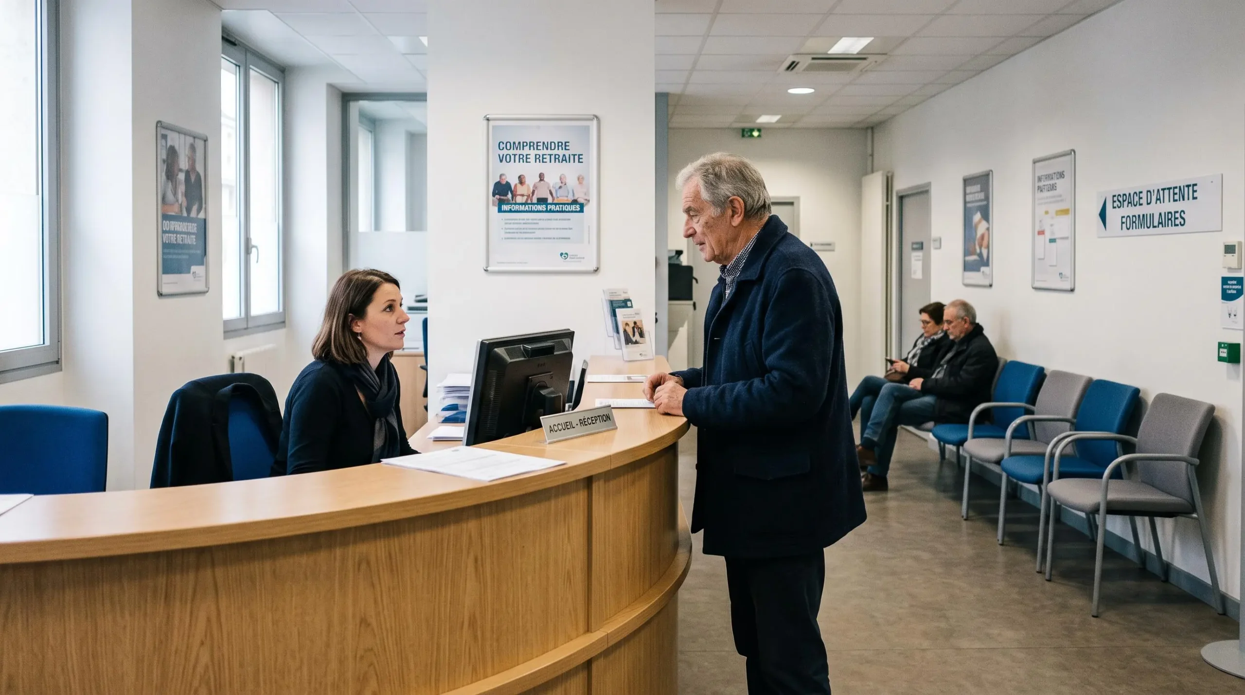 Zone d'accueil d'un bureau de retraite mutualiste français avec un client au comptoir d'accueil