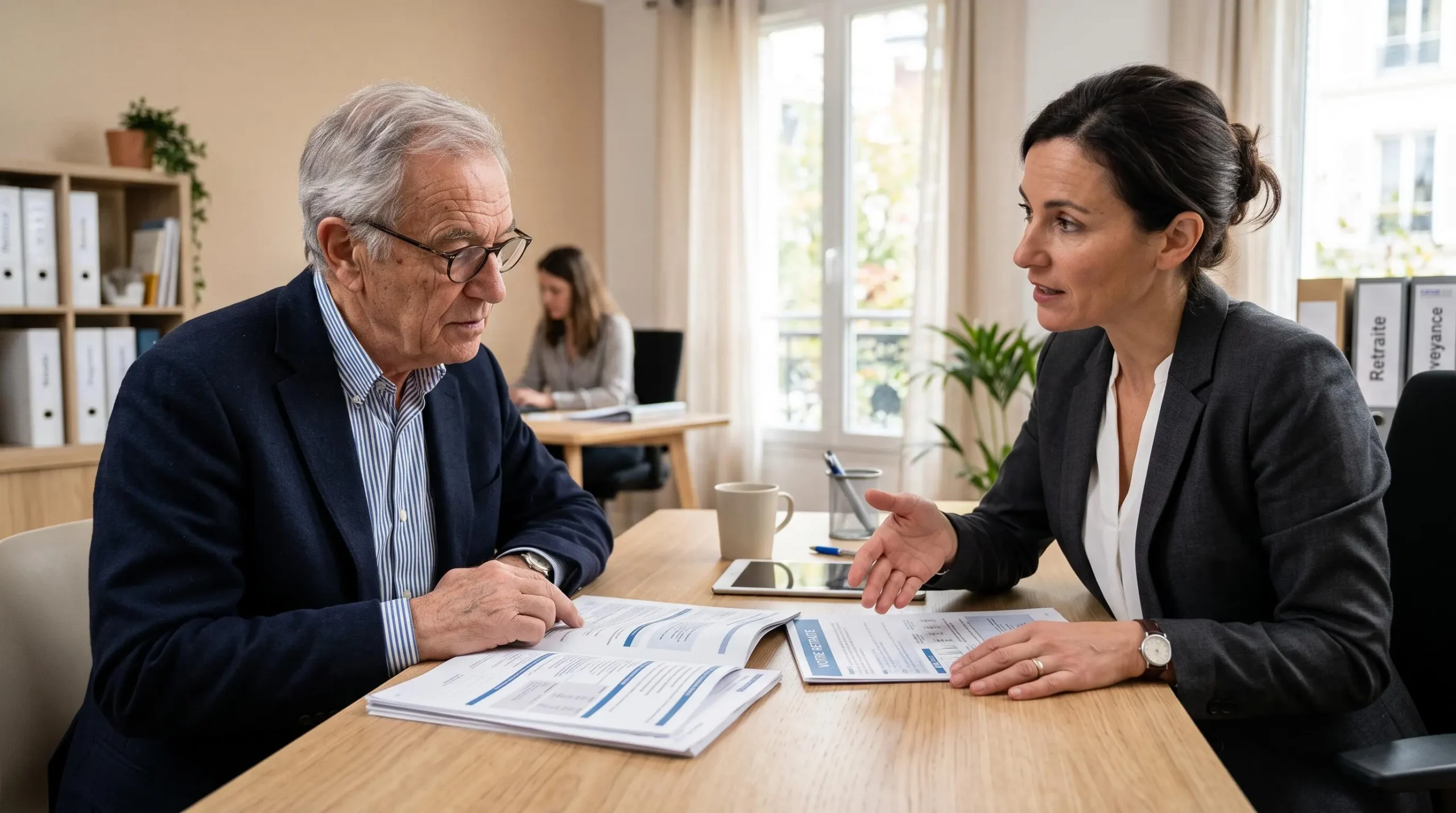 Homme senior rencontrant un conseiller financier dans un bureau de planification retraite pour discuter des options de retraite