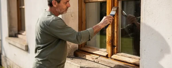 Propriétaire appliquant un traitement protecteur au pinceau sur le cadre d'une fenêtre en bois extérieure