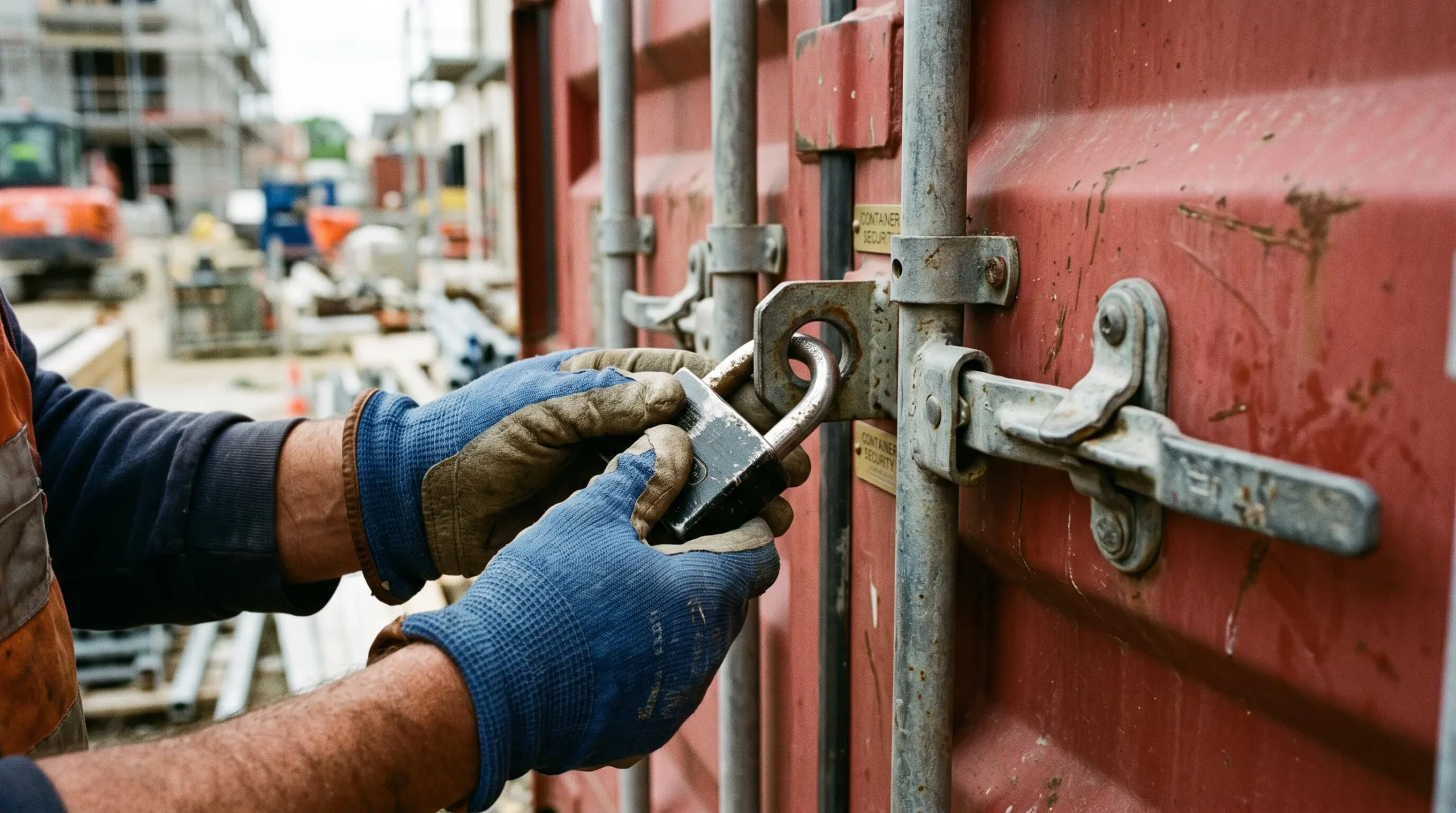 Gros plan sur les mains d'un ouvrier fermant un cadenas de sécurité renforcé sur le système de verrouillage d'un container de stockage