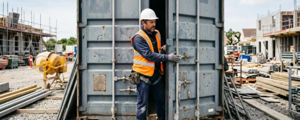 Chef de chantier ouvrant les portes d'un container maritime de stockage sur un chantier de construction français