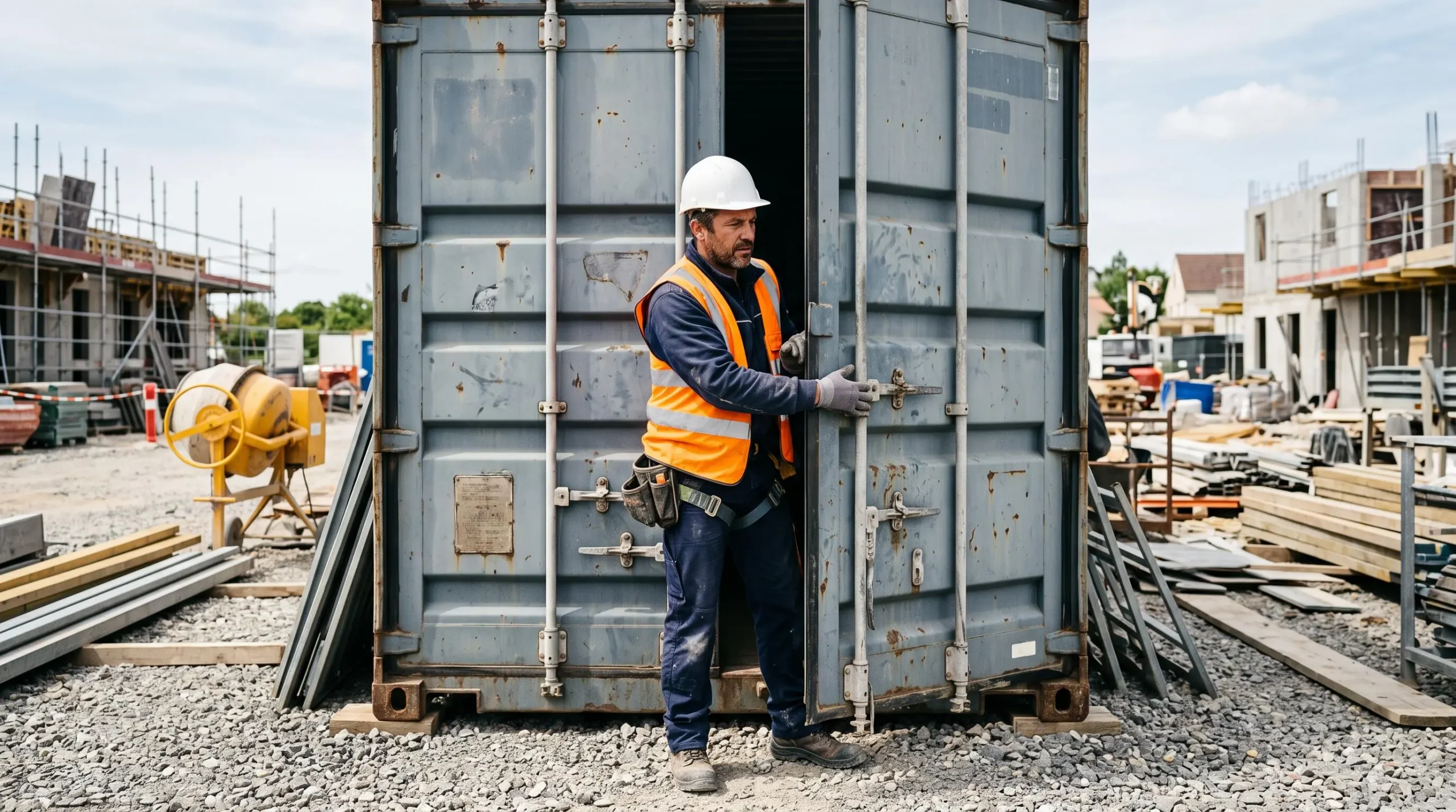 Chef de chantier ouvrant les portes d'un container maritime de stockage sur un chantier de construction français