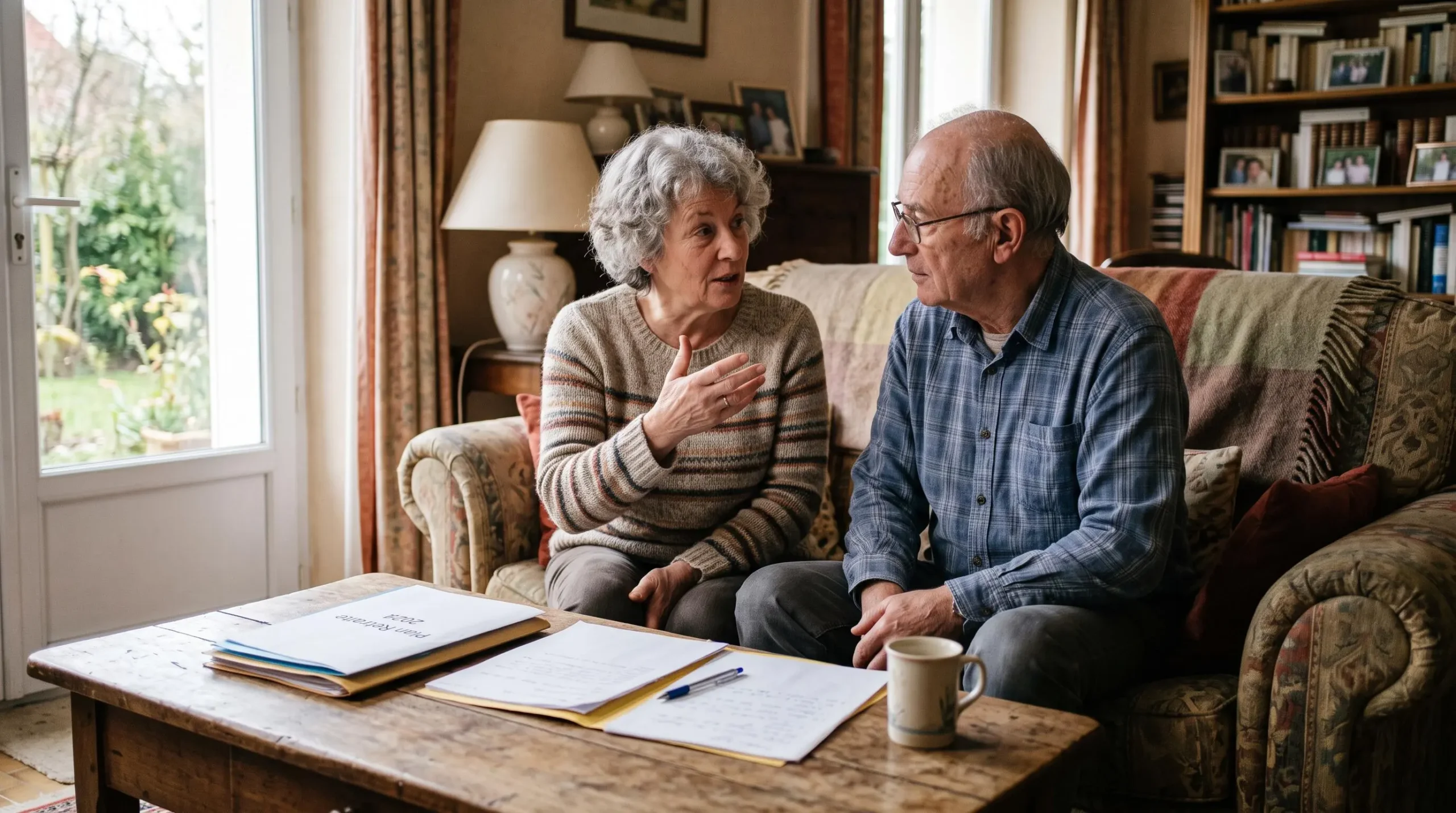 Couple de seniors discutant ensemble de leur stratégie de planification retraite sur un canapé à domicile