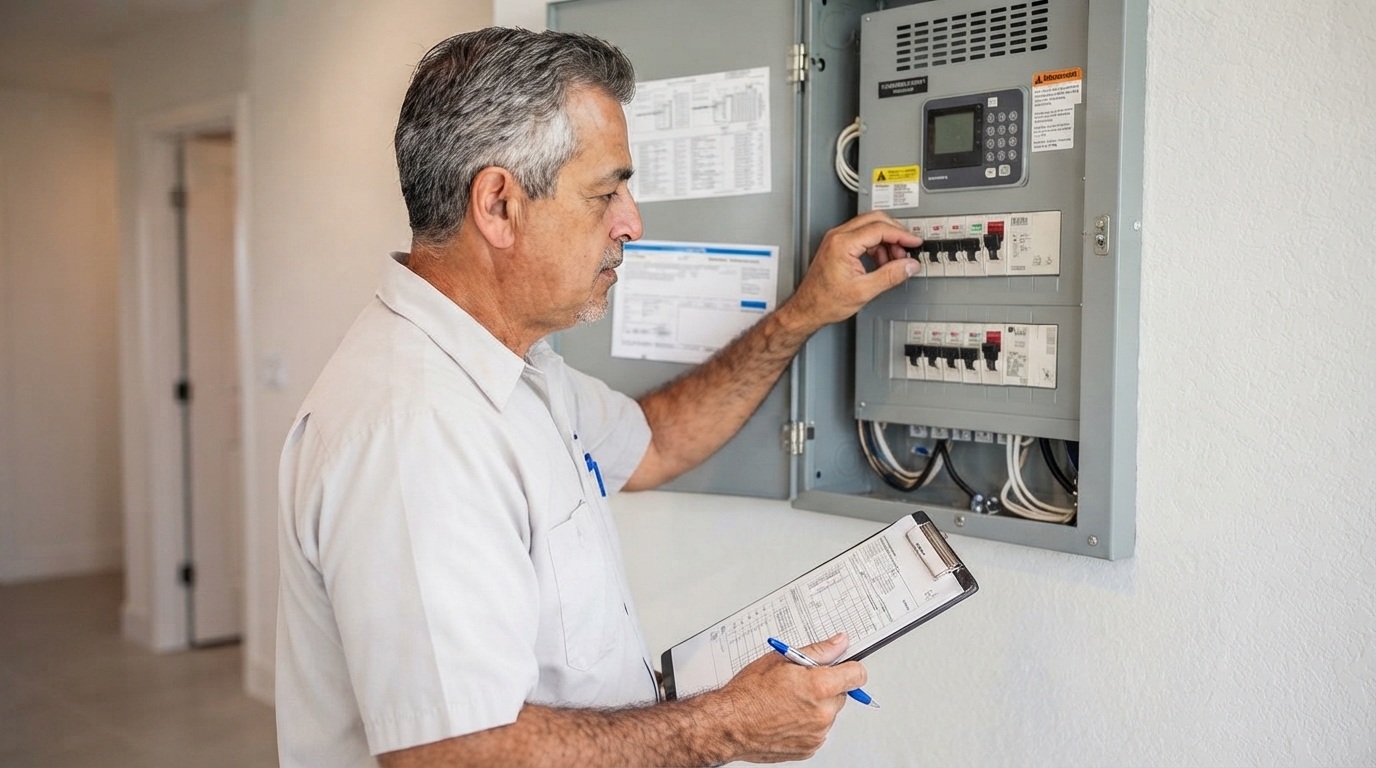 Inspecteur immobilier professionnel examinant les systèmes techniques d'une propriété à Miami avec un appareil de contrôle.