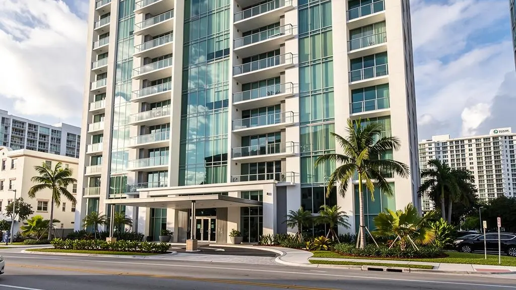 Immeuble de condominiums moderne à Miami avec façades en verre, balcons privés et entrée sécurisée avec aménagement paysager tropical.