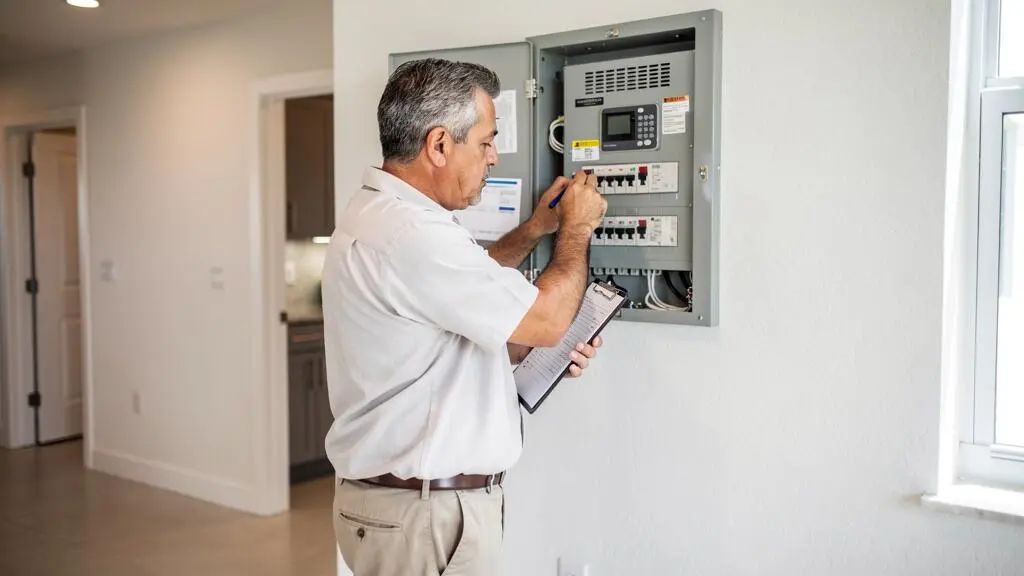 Inspecteur immobilier professionnel examinant les systèmes techniques d'une propriété à Miami avec un appareil de contrôle.