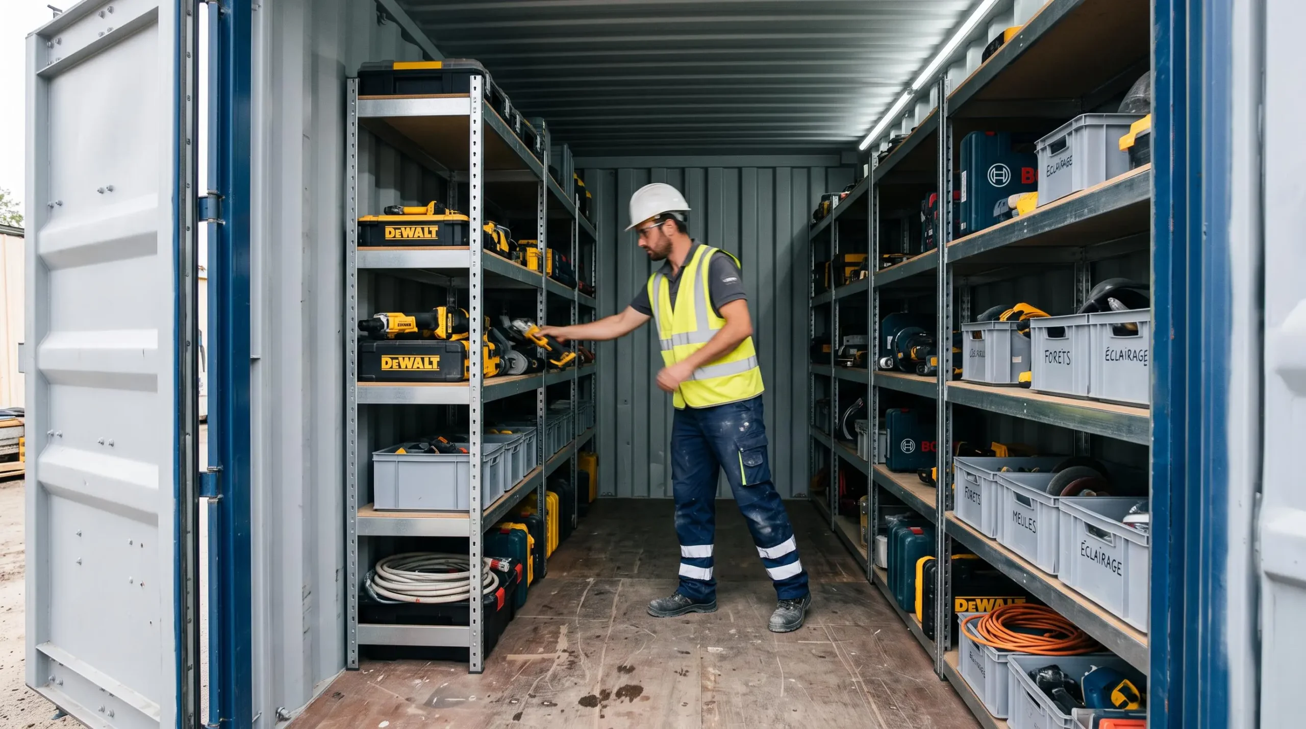 Intérieur d'un container aménagé avec rayonnages métalliques pour le stockage organisé d'équipements de chantier, ouvrier accédant au matériel