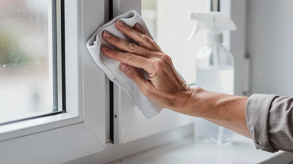 Main nettoyant le cadre d'une fenêtre PVC blanche avec un chiffon microfibre