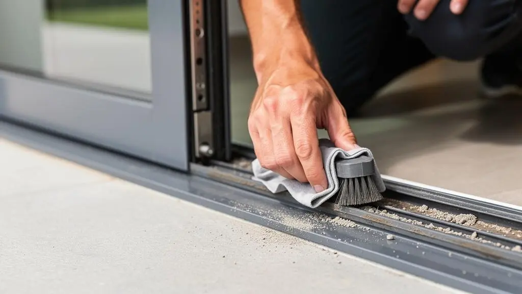 Main nettoyant le rail inférieur d'une fenêtre coulissante en aluminium avec une brosse